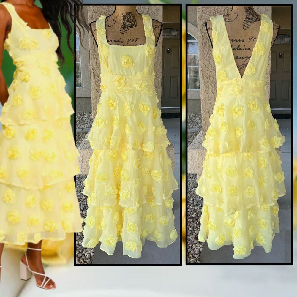 Lulus Yellow Sleeveless Tiered Exceptional Entrance Rosette Midi Dress Size L